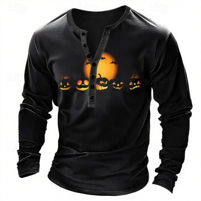Men's Halloween Graphic Pumpkin T Shirt Henley Shirt Tee Long Sleeve Vintage Designer Stylish Outdoor Casual Daily Fall Spring & Summer Black Henley Henley T-Shirt4