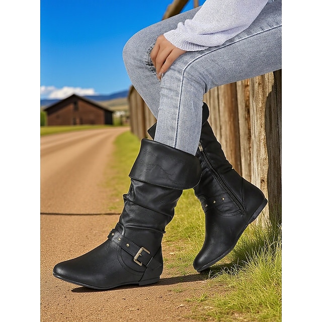  Botas altas hasta la rodilla de piel sintética negra para mujer, con detalle de cremallera lateral y hebilla, ideal para montar a caballo y otoño.