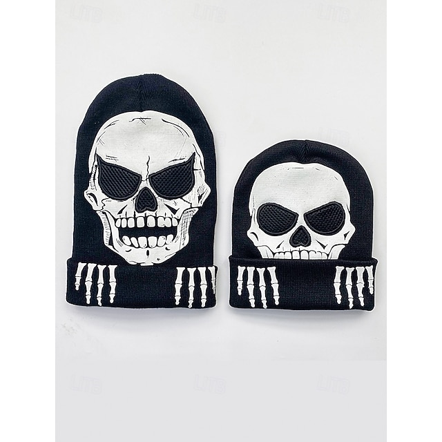  Bonnet réfléchissant tête de mort pour homme – tricot polyester avec imprimé squelette, effet phosphorescent – parfait pour Halloween et les tenues décontractées
