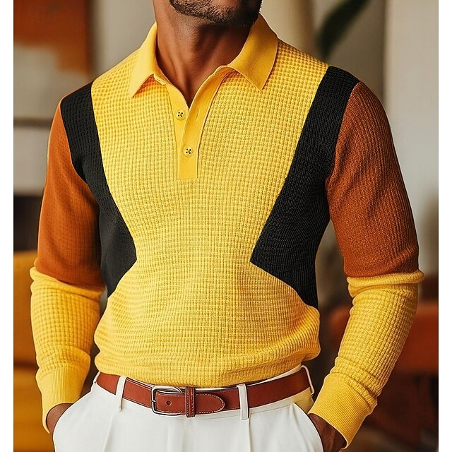 Men's Waffle Polo Shirts Polo Shirts Casual Sports Lapel Long Sleeve Fashion Basic Color Block Patchwork Color Block Fall Winter Spring &  Fall Regular Fit Yellow Waffle Polo Shirts4