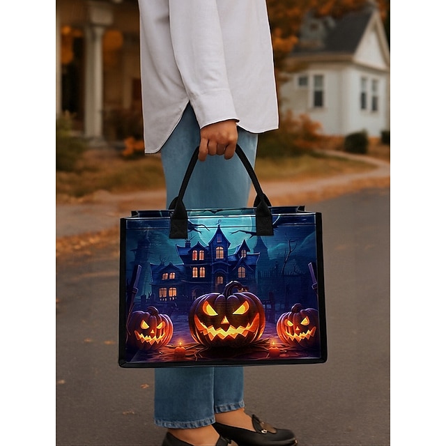  Sac fourre-tout citrouille d'Halloween et maison hantée pour femme — grand sac de courses réutilisable avec poche zippée et poignées robustes, style gothique pour les friandises, les fêtes costumées et l'utilisation quotidienne