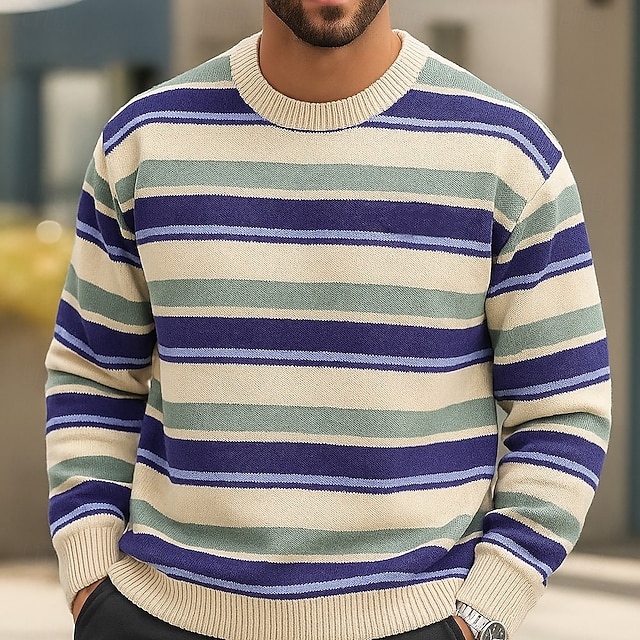  Herr Horisontella Strips Pullover tröja Stickat Rund halsringning Ledigt Semester Hem Gata 3D-utskrift Stickat Håller värmen Långärmad Vår Höst Vinter Rubinrött Blå Grön