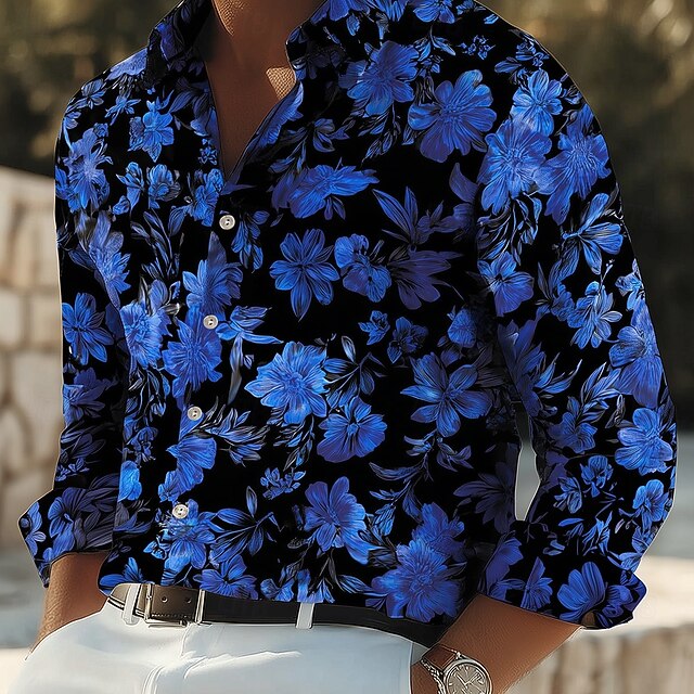 Men's Floral Print Neon Glow Flowers Shirt Button Up Shirt Casual Dress Shirt Long Sleeve Fashion Casual Vacation Daily Streetwear Summer Spring Turndown 3D Print Collared Shirts Black4
