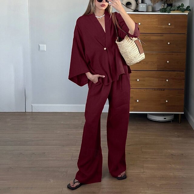 Women's 100% Cooton Elegant Vacation Vintage Pants Sets Long Sleeve Bell Sleeve V Neck Plain Vacation Casual Holiday Red Summer Loose Fit4