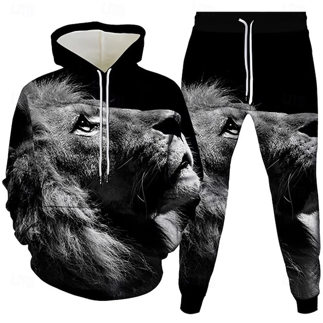  Homens Leão 2pcs Conjuntos de moletom 3D Moletom Moletom com capuz Manga Longa Calças compridas Com Capuz Casual Diário Roupa Esportiva Impressão 3D Primavera Outono Inverno Preto