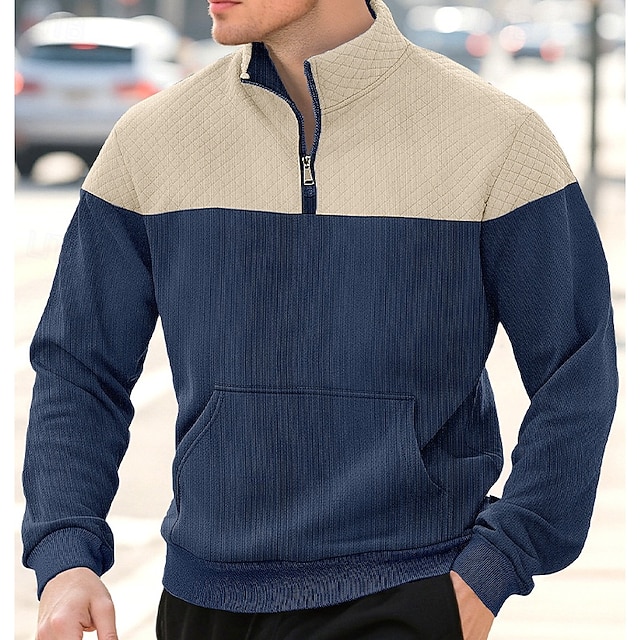  Hombre Sudadera Sudadera con estampado de gofres Sudadera Con Capucha Pull-over Sudadera con un cuarto de cremallera Verde Ejército Azul Marino Caqui Gris Cuello Mao Plano Retazos Bloque de Color