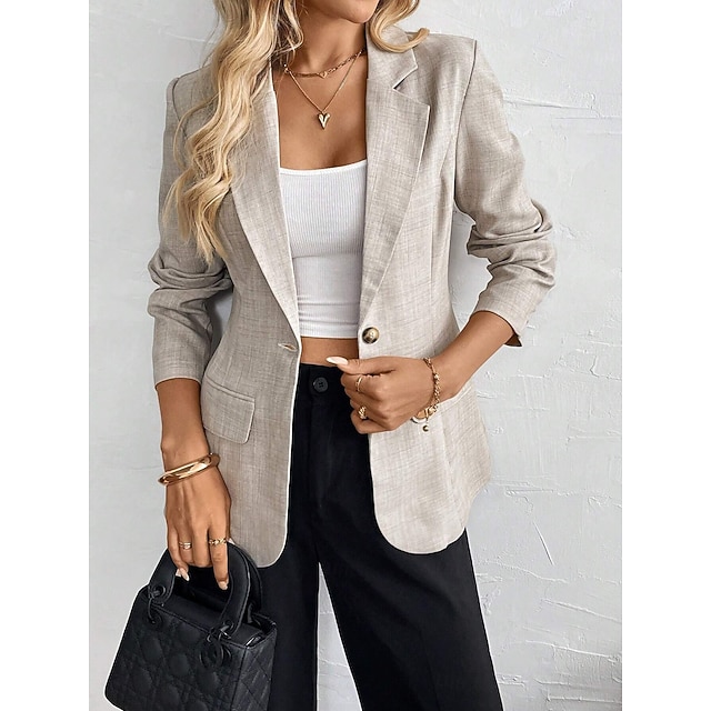  Femmes Blazer Confortable Boutons Élégant ancien Mode Style OL Uni Formel Bureau Travail Occasionnel Simple Boutonnage Court Revers Cranté Coupe régulière manche longue Vêtements d'extérieur Kaki