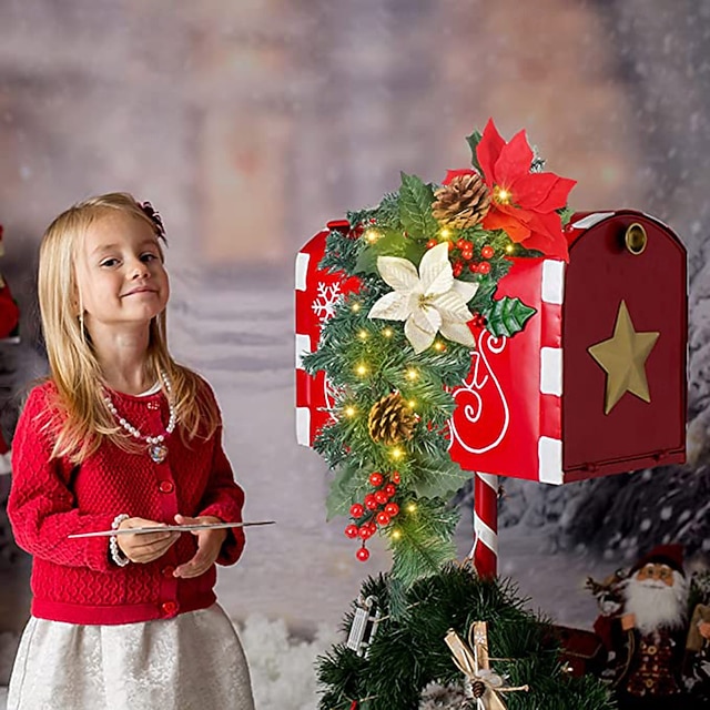  זר תיבת דואר לחג המולד עם תאורת LED, פוינסטיה אדומה מלאכותית לגינה חיצונית, ענפים מיובשים וקישוט תלוי של זר אצטרובל