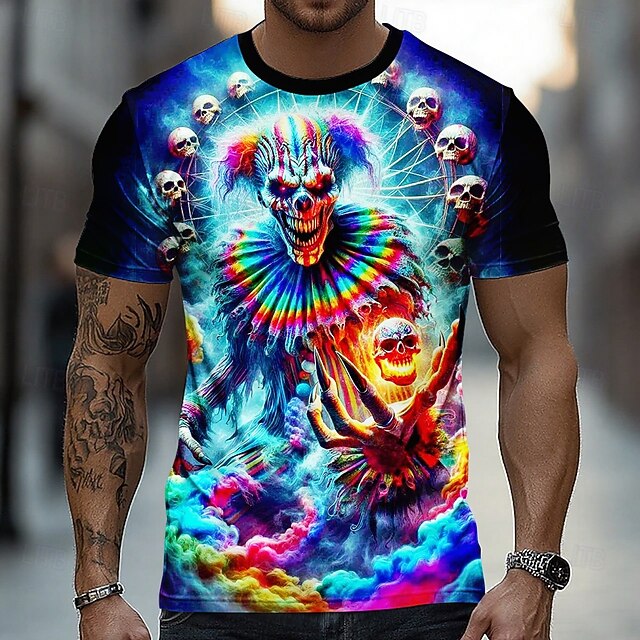 Halloween Men's Optical Illusion Creepy Clown 3D Clown T Shirt Short Sleeve T shirt 3D Print Crew Neck Shirt Exaggerated Designer Horror Party Street Holiday Blue Summer Spring All Seasons Clothing4