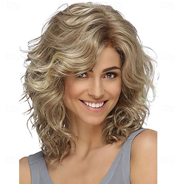  parrucche bionde ricce di media lunghezza per donne bianche, parrucche corte ondulate a strati, parrucche bionde in capelli sintetici per feste quotidiane, cosplay