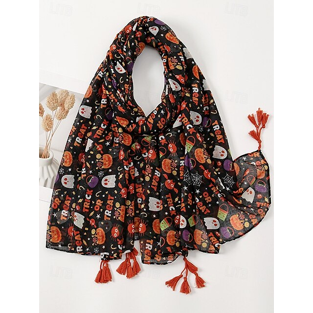  Women's Halloween Trick or Treat Scarf – Lightweight Pumpkin Ghost Print Shawl with Tassels for Costume Parties, Autumn Fashion and Festive Wear