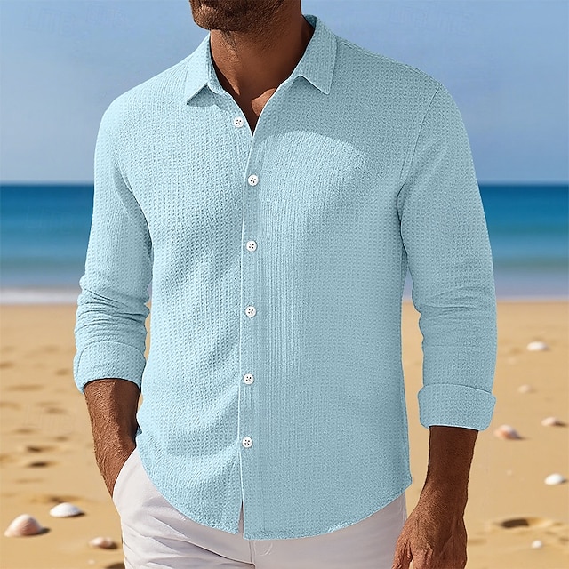  Per uomo Camicia Camicia a nido d'ape Camicia Estiva Camicia casual Camicia con Bottoni Nero Bianco Kaki Azzurro Manica Lunga Semplice Testurizzato Bavero Vacanza Casuale Abbigliamento Moda Casual