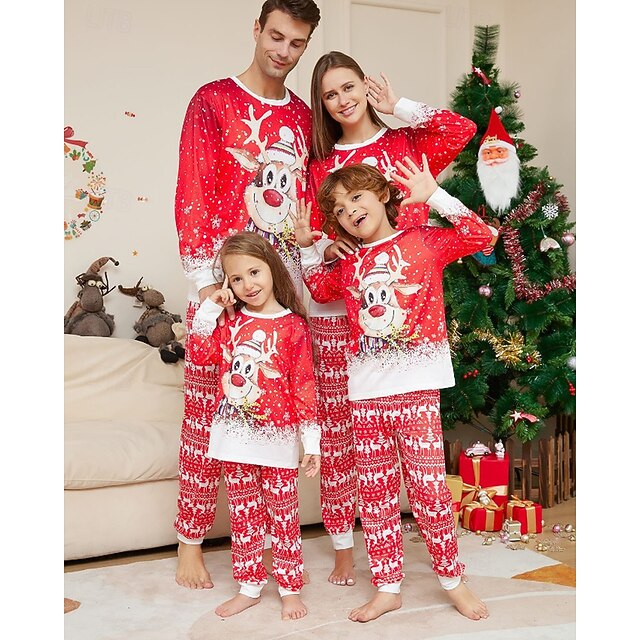 Family Pajamas Christmas Pattern Home Print Red Long Sleeve Active ...