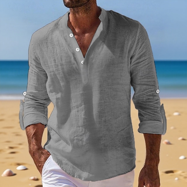  Per uomo Camicia di lino Camicia con colletto alla coreana Camicia popover Camicia casual Camicia da Spiaggia Semplice Vacanza Ferie Nero Bianco Rosa Arancione Manica Lunga Henley Estate Primavera