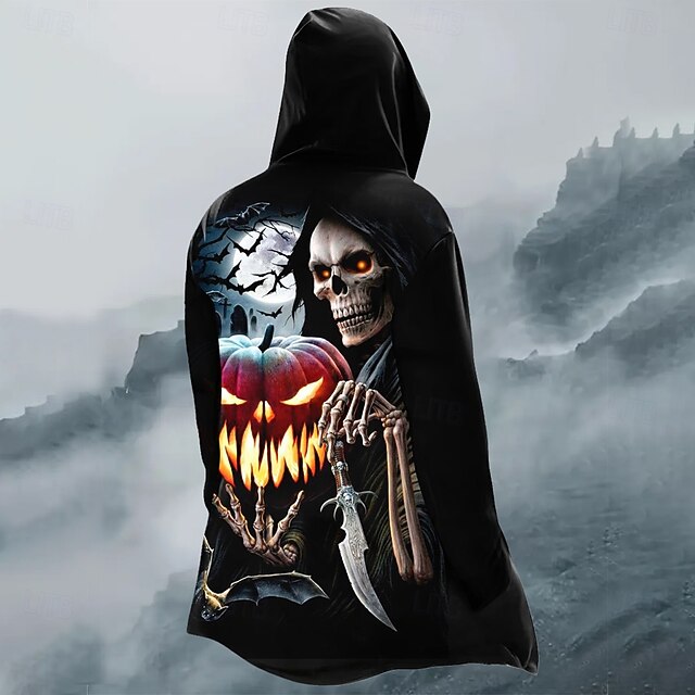 Men's Pumpkin Cool Skulls Winter Coat Fleece Jacket Coat Thermal Warm Comfortable Casual Daily Wear Zipper Pocket 3D Print Fall Winter Hooded Long Sleeve Black4