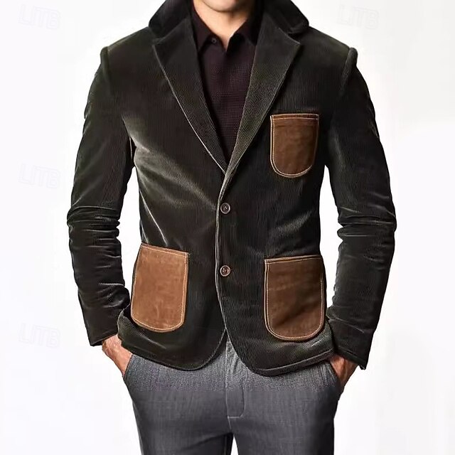 Men's Corduroy Blazer Blazer Business Cocktail Party Wedding Party Fashion Casual Spring Fall Polyester Color Block Pocket Buttons Comfortable Single Breasted Blazer Army Green3