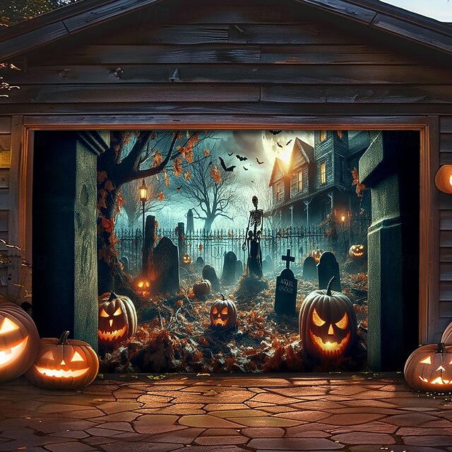 thumbnail interactive-video image 1 of 13X6 Ft Halloween Garage Door Decoration Background Gray Horror Moon Night Scary Cemetery Skull Photo Background Kids Adult Family Decor Halloween Party Banner Cover 1 of 12