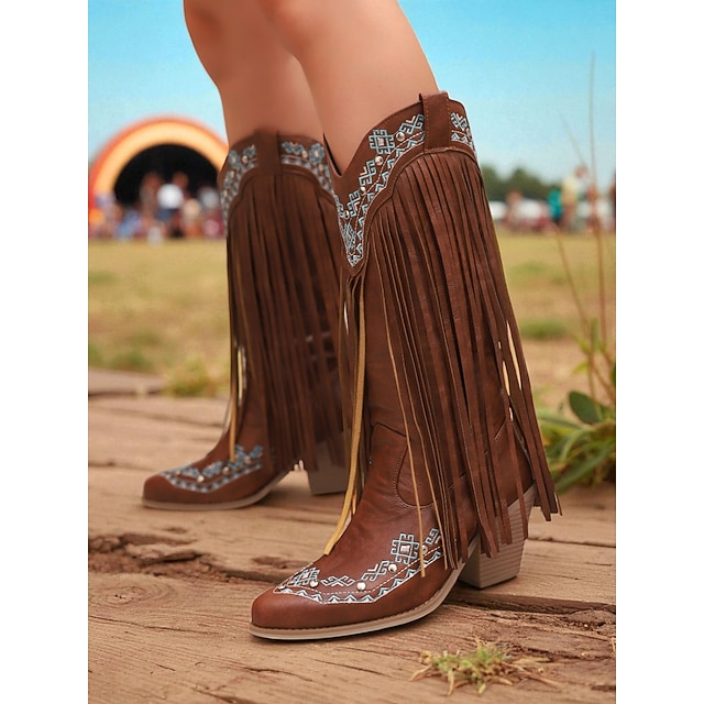  Rode western cowboylaarzen met franjes en geborduurde details voor dames – retro festivalkniehoge rijlaarzen voor rodeo, muziekfestivals en country-stijl outfits