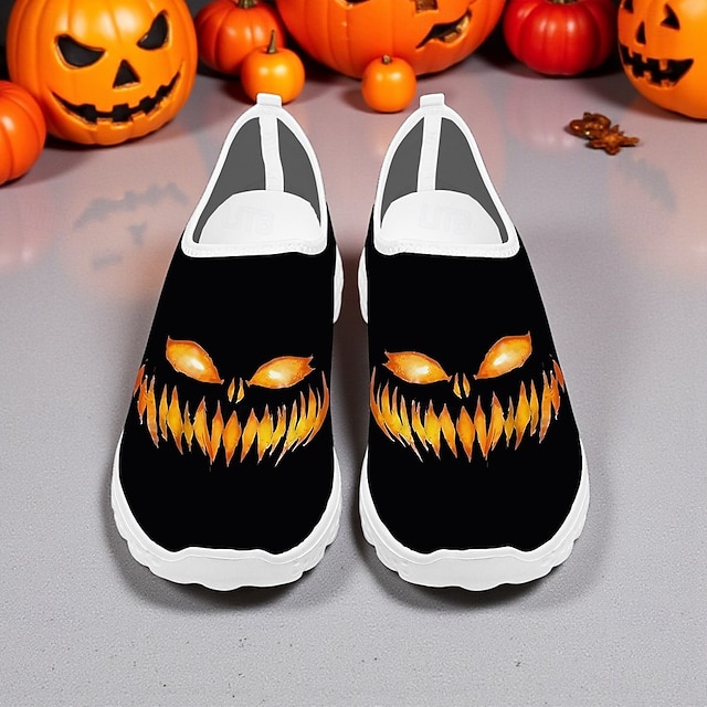 Zapatillas de malla negras sin cordones para hombre con estampado de cara de calabaza: zapatos ligeros e informales con temática de Halloween para fiestas, ropa de calle y uso diario.