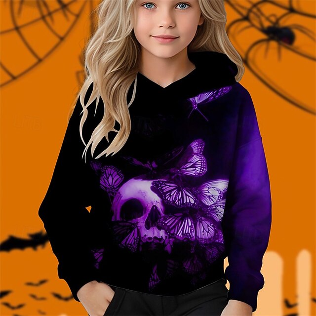 Halloween Girls' 3D Skull Hoodie Long Sleeve Fall Winter Fashion Adorable Basic Kids 4-12 Years Hooded Outdoor Casual Daily Regular Fit4