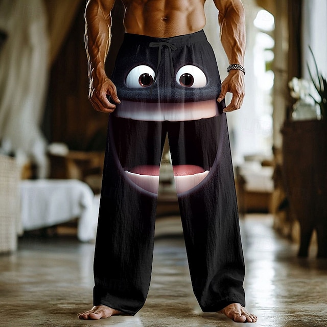  Homens Desenhos 3D Rosto sorridente Calças Calças largas Calça casual Cintura Média Engraçado Ao ar livre Férias Casa Cintura elástica com cordão Calças de linho com bolsos Primavera Outono Impressão