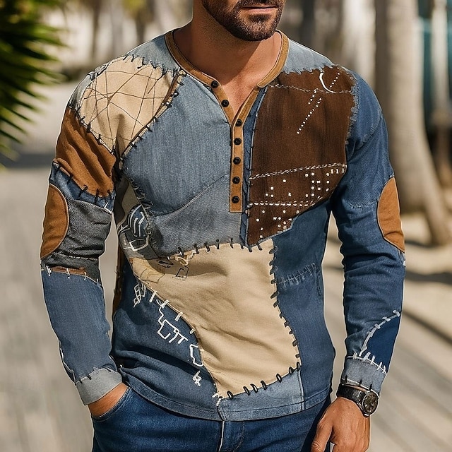  Pánské Slátanina Tričko Tričko Henley Trička Dlouhý rukáv Vinobraní Designové stylové Venkovní Ležérní Denní Podzim Jaro léto Zelená Vodní modrá Fialová Kávová Henley Tričko Henley