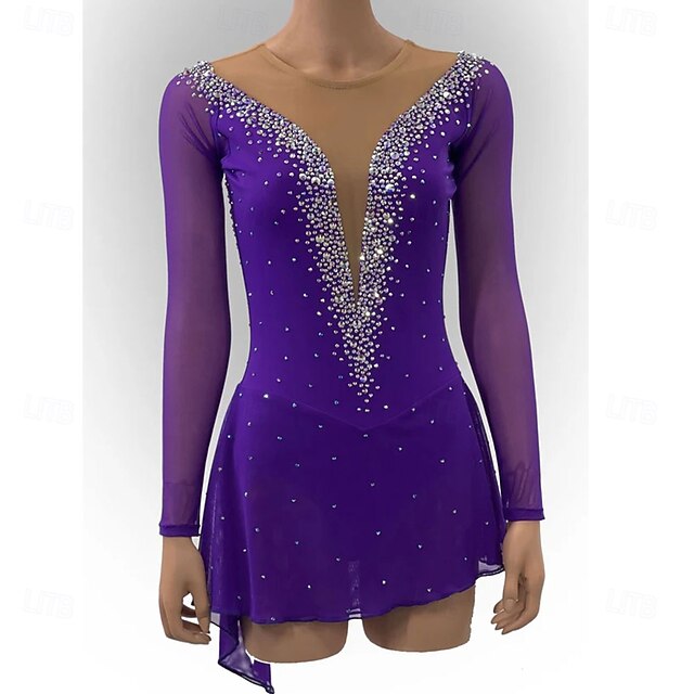 Figure Skating Dress Women's Girls' Ice Skating Dress Purple Open Back Asymmetric Hem Mesh High Elasticity Training Competition Skating Wear Classic Crystal / Rhinestone Long Sleeve Ice Skating Figure3