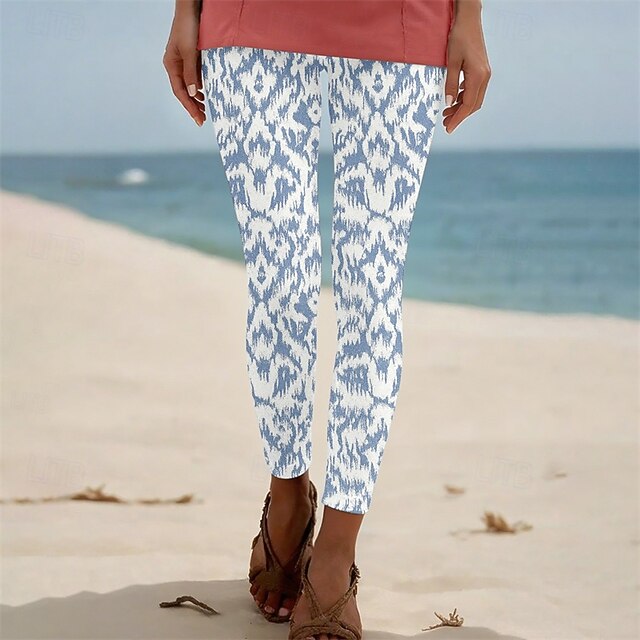 Women's Pants Trousers Leggings Cozy Leggings Streetwear Casual Full Length High Waist Abstract Elastic Waist Print Breathability Comfortable Stretchy Vacation Street Daily Wear Blue Summer Spring4