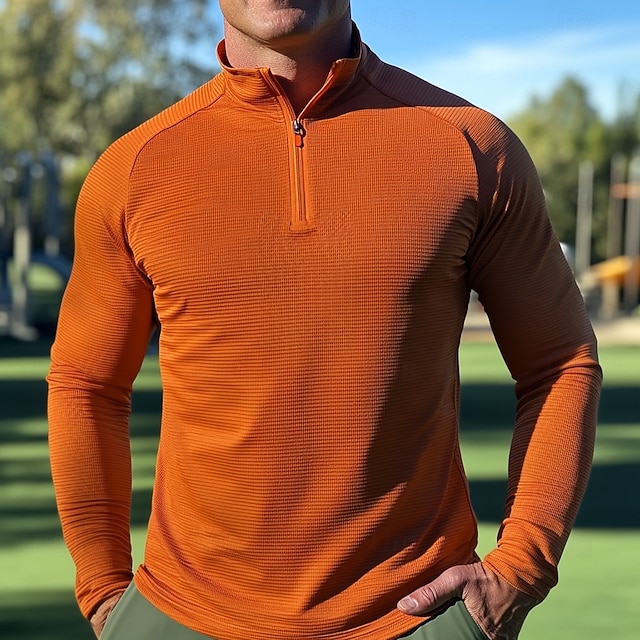  Herren Waffel-Poloshirts Viertel-Reißverschluss-Poloshirt Outdoor Lässig Viertelreißverschluss Langarm Mode Modern Einfarbig Texture Gestrickt Frühling & Herbst Ganzjahres Normale Passform Orange