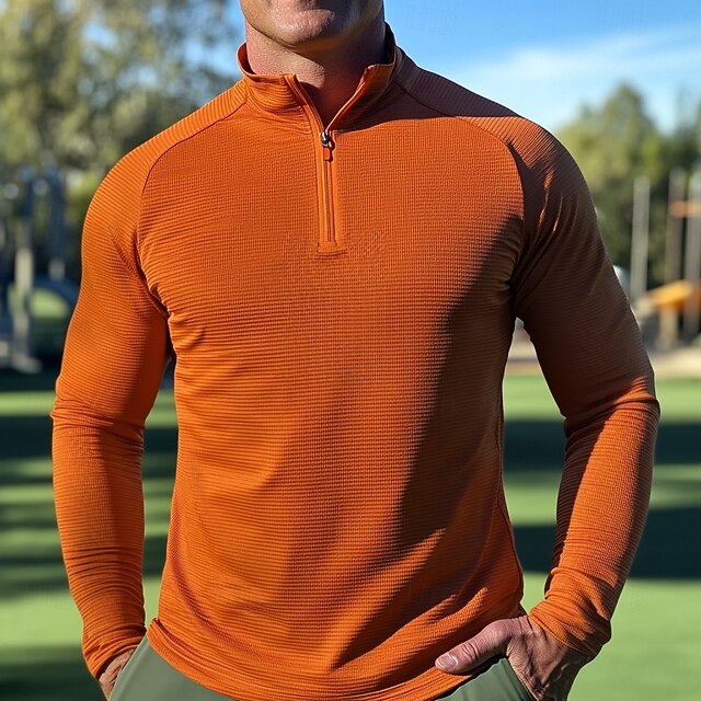 Men's Waffle Polo Shirts Quarter Zip Polo Outdoor Causal Quarter Zip Long Sleeve Fashion Modern Solid Color Textured Knitted Spring &  Fall All Seasons Regular Fit Orange Waffle Polo Shirts4