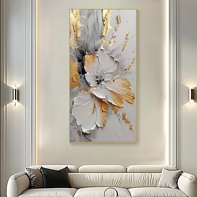 Gold Flower Oil Painting On Canvas Handmade Wall Art Abstract White ...