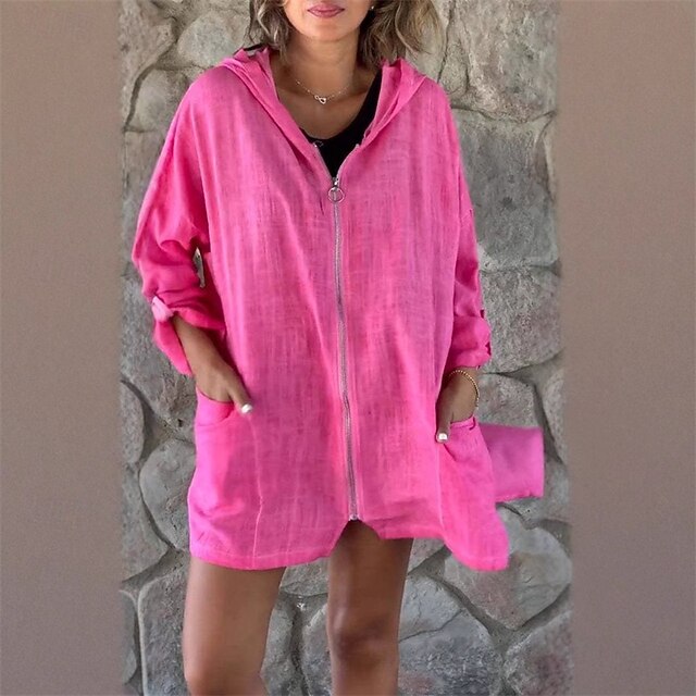 Mulheres Jaqueta casual Casaco com capuz Confortável Respirável Zíper Bolsos Moda Moderno Casual Tecido Para Noite Final de semana Zíper Padrão Com Capuz Normal Manga Longa agasalhos Rosa Cinzento
