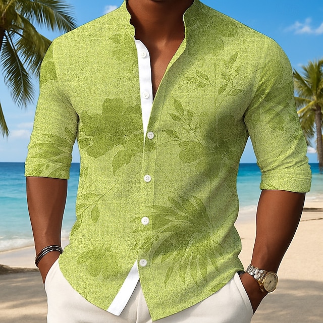  Men's Plants Tropical Leaf Shirt Button Up Shirt Stand Collar Shirt Long Sleeve Hawaiian Outdoor Vacation Daily Spring Fall Mandarin Collar Band Collar 3D Print Linen Like Shirt Light Blue Blue