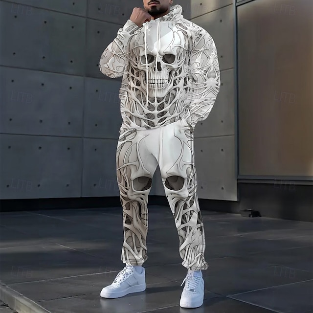  Halloween Homens Caveiras 2pcs Conjuntos de moletom 3D Moletom Moletom com capuz Manga Longa Calças compridas Com Capuz Casual Diário Moderno Urbana Roupa Esportiva Streetwear Impressão 3D Primavera