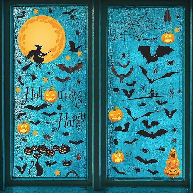  9 archů halloweenských okenních samolepek, statických samolepek s netopýry, dýněmi, černými kočkami, čarodějnicemi, odnímatelných skleněných samolepek do koupelny, domova, kanceláře, dekorací oken na