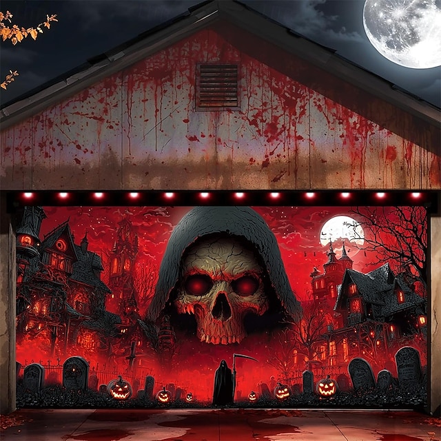  Halloween Garagentorabdeckung Sensenmann Totenkopf Banner Spukhaus Friedhof Szene Horror gruselige Kulisse Wandteppich für Außenwand Zaun Dekoration