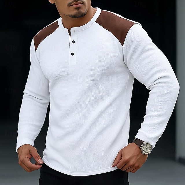 Voor heren Wafel Henley-shirt T-shirt Lange mouw Henley Lente & Herfst Alle seizoenen Kleurenblok Modieus Ontwerper Basic Kleurenblok Vakantie Straat Casual Zwart Wit Rood Top T-shirt voor mannen