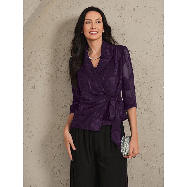  Mulheres Blazer Leve Renda Nó de gravata Túnica elegante Assimétrico Elegante à moda Floral Convidado do casamento Trabalho Diário Abertura Frontal Padrão Decote V Normal Manga 3/4 agasalhos Beringela