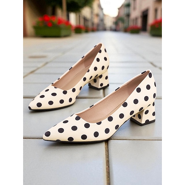  Sapatos femininos de salto baixo com bolinhas - sapatos sociais estilo retrô francês dos anos 1950 para escritório, passeios casuais e caminhadas na cidade
