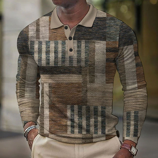 Men's Plaid Waffle Polo Shirts Golf Shirt Long Sleeve Polo Shirts Collared Shirts Casual Vacation Wear Formal Wear Festival Wear Buttons 3D Print Spring Fall Winter Brown4