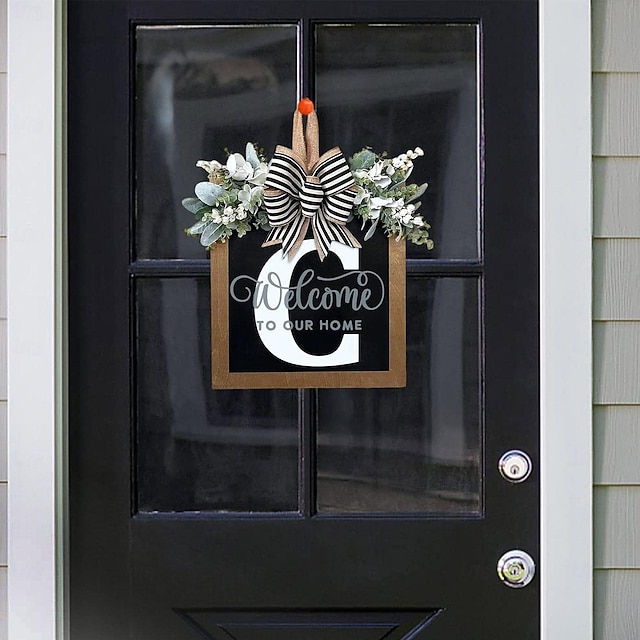  panneaux de bienvenue avec nom de famille pour porte d'entrée, couronne de porte de printemps avec nœud, panneaux créatifs avec 26 lettres pour la décoration de porte de printemps