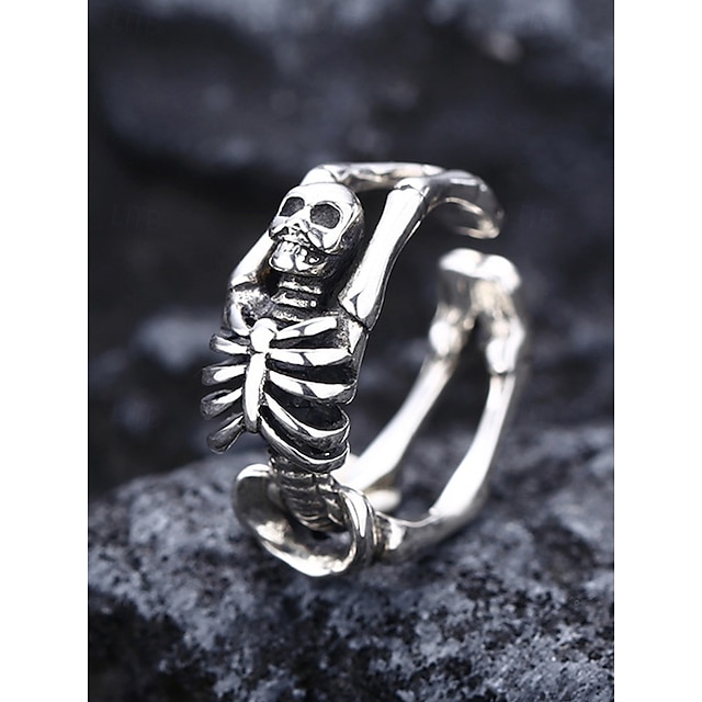  Halloween-skeletring til kvinder — justerbar åben wrap-ring, sølvfarvet legering med gotisk punk-kranie- og knogledesign, statement-smykker til kostumefester, cosplay og bytur