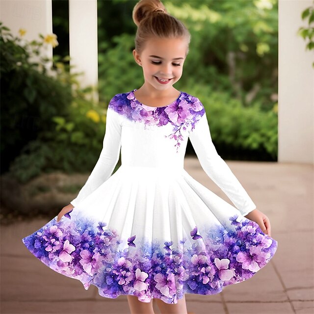 Girls' 3D Floral Dress Long Sleeve Summer Spring Vacation Daily Holiday Princess Beautiful Sweet Kids 4-12 Years Casual Dress A Line Dress Knee-length Regular Fit4