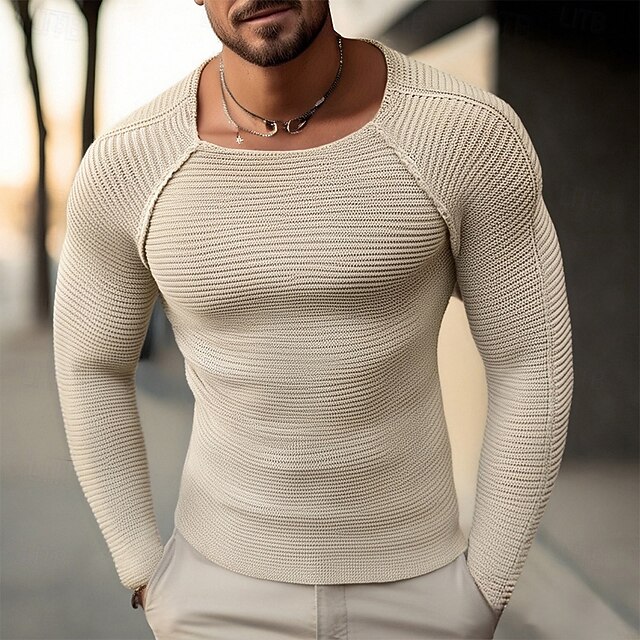Men's Pullover Sweater Jumper Knit Sweater Ribbed Knit Regular Tops Knitted Plain Crew Neck Fashion Basic Vacation Daily Wear Clothing Apparel Fall Winter Black Khaki M L XL3