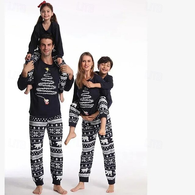 Family Pajamas Christmas Pattern Home Print Red Navy Blue Long Sleeve ...