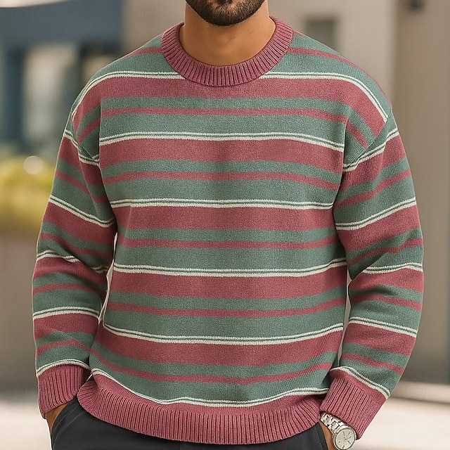  Miesten Vaakasuuntaiset nauhat Neulepusero Knitwear Pyöreäkauluksinen Vapaa-aika Loma Koti Katu 3D-tulostus Neulominen Pidä Lämmin Pitkähihainen Kevät Syksy Talvi Rubiini Sininen Apila