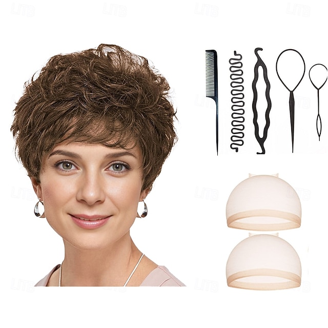  Estilo curto e leve com camadas curtas e chiques  Tons multiculturais de loiro prata castanho e vermelho com 2PCS touca de peruca HD e conjunto de ferramentas de cabeleireiro