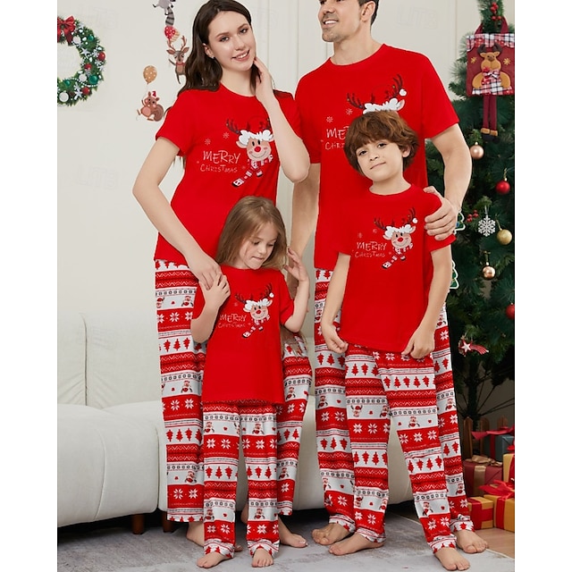 Family Pajamas Christmas Pattern Home Print Red Short Sleeve Active Matching Outfits