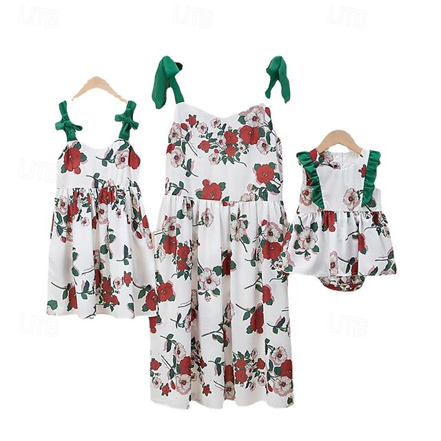 Mommy and Me Dresses Floral Street Print White Green Sleeveless Above ...