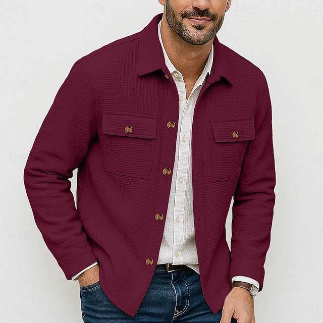  Herren Leichte Jacke Waffeljacke Hemdjacke Freizeitjacke Urlaub Lässig Atmungsaktiv Tasche Button-Down Frühling Herbst Einfach Mode Klassisch Revers Regulär Schwarz Weiß Wein Dunkelgrün Khaki Jacken